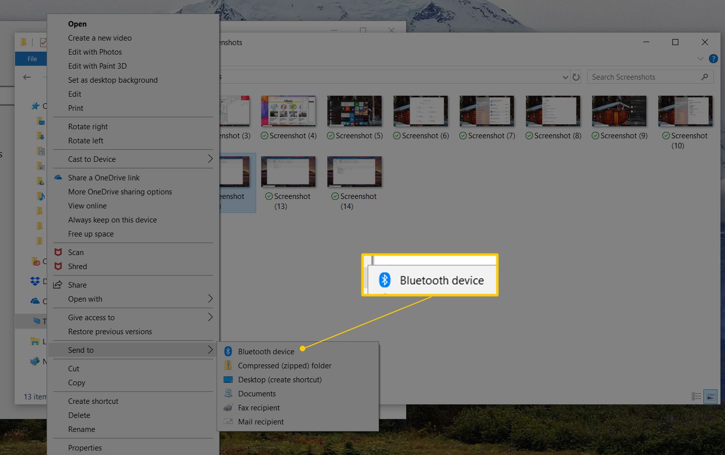 Skicka till Bluetooth-enhet högerklicka på menyn i Windows 10