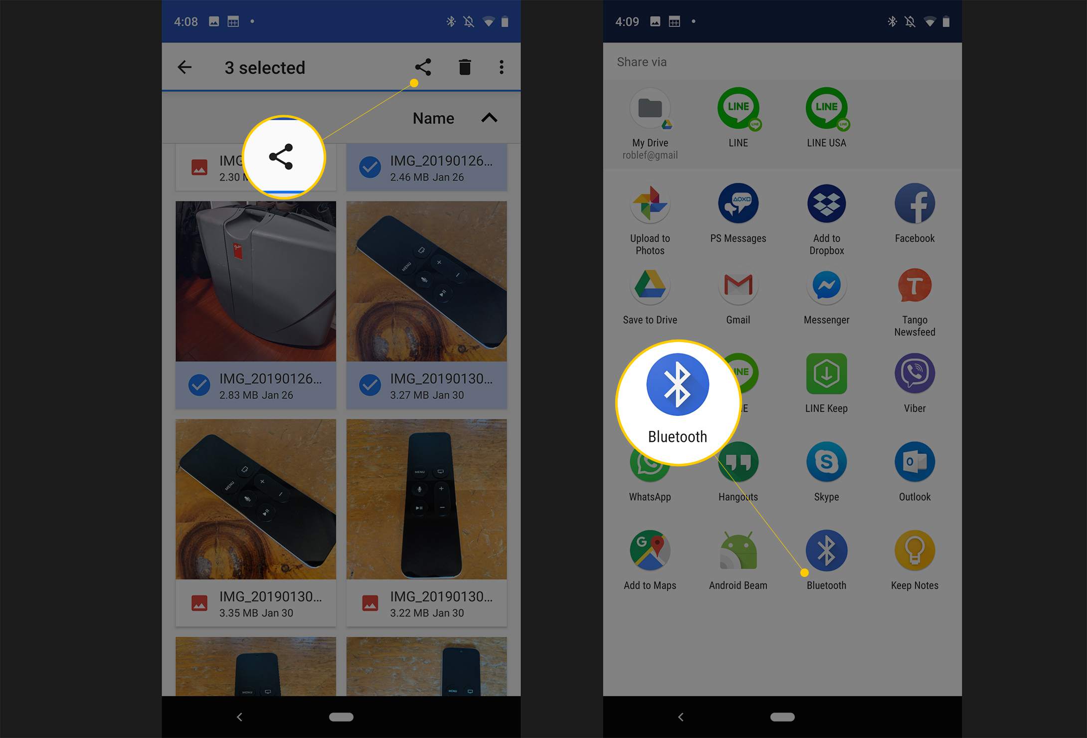 Dela-knapp och Bluetooth-ikon när du delar filer på en Android-smartphone