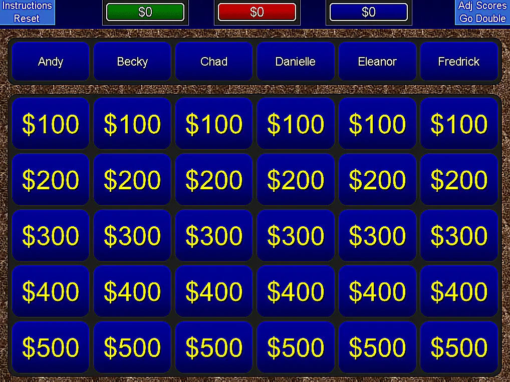 Skärmdump av en blå Jeopardy PowerPoint-mall