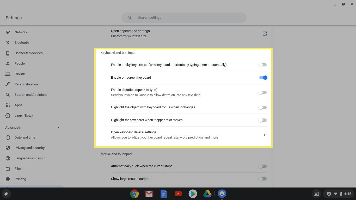 Inställningar för tangentbord och textinmatning i Chrome OS