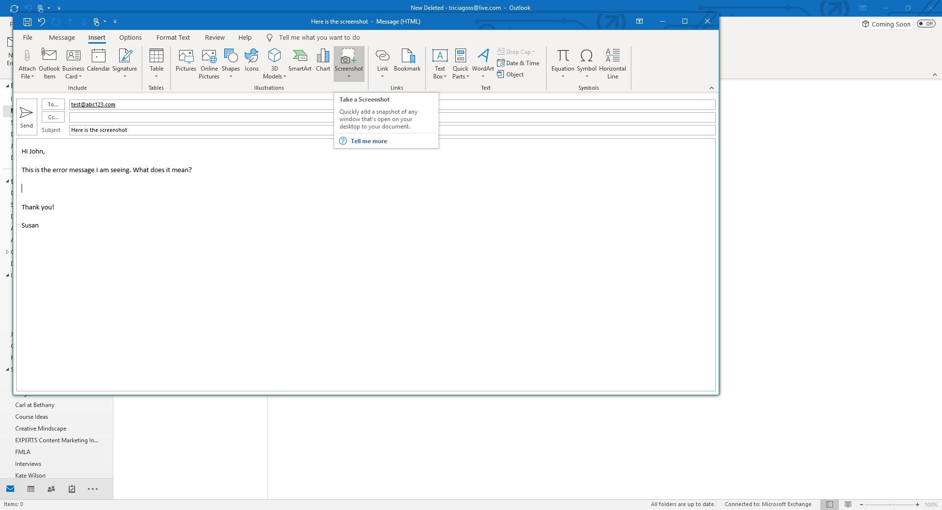 Skärmdump av alternativet Skärmdump i Outlook