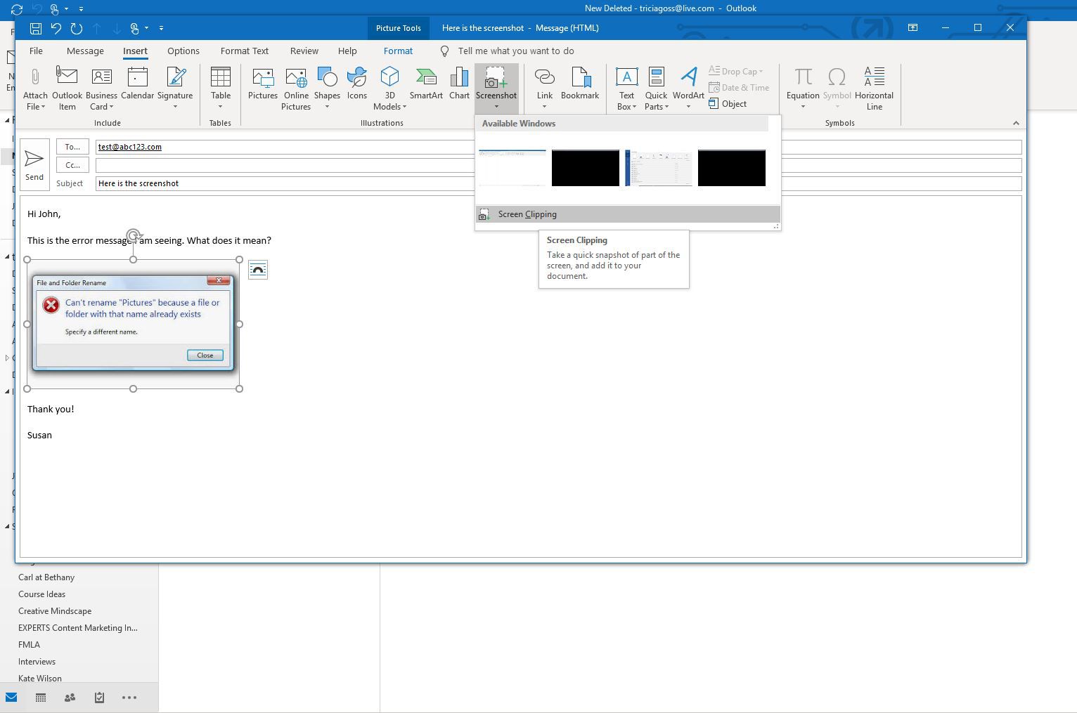 Skärmdump av Screen Clipping-galleriet i Outlook som visar hur du skickar e-post till en skärmdump
