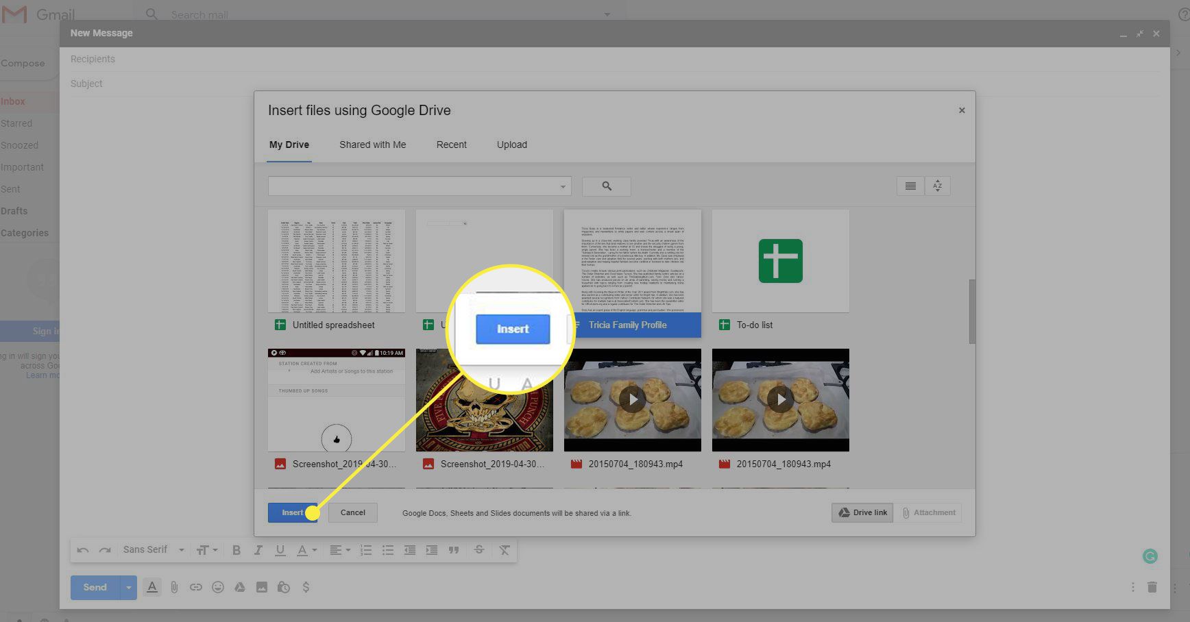 En skärmdump av fönstret "Infoga från Google Drive" i Gmail med knappen Infoga markerad