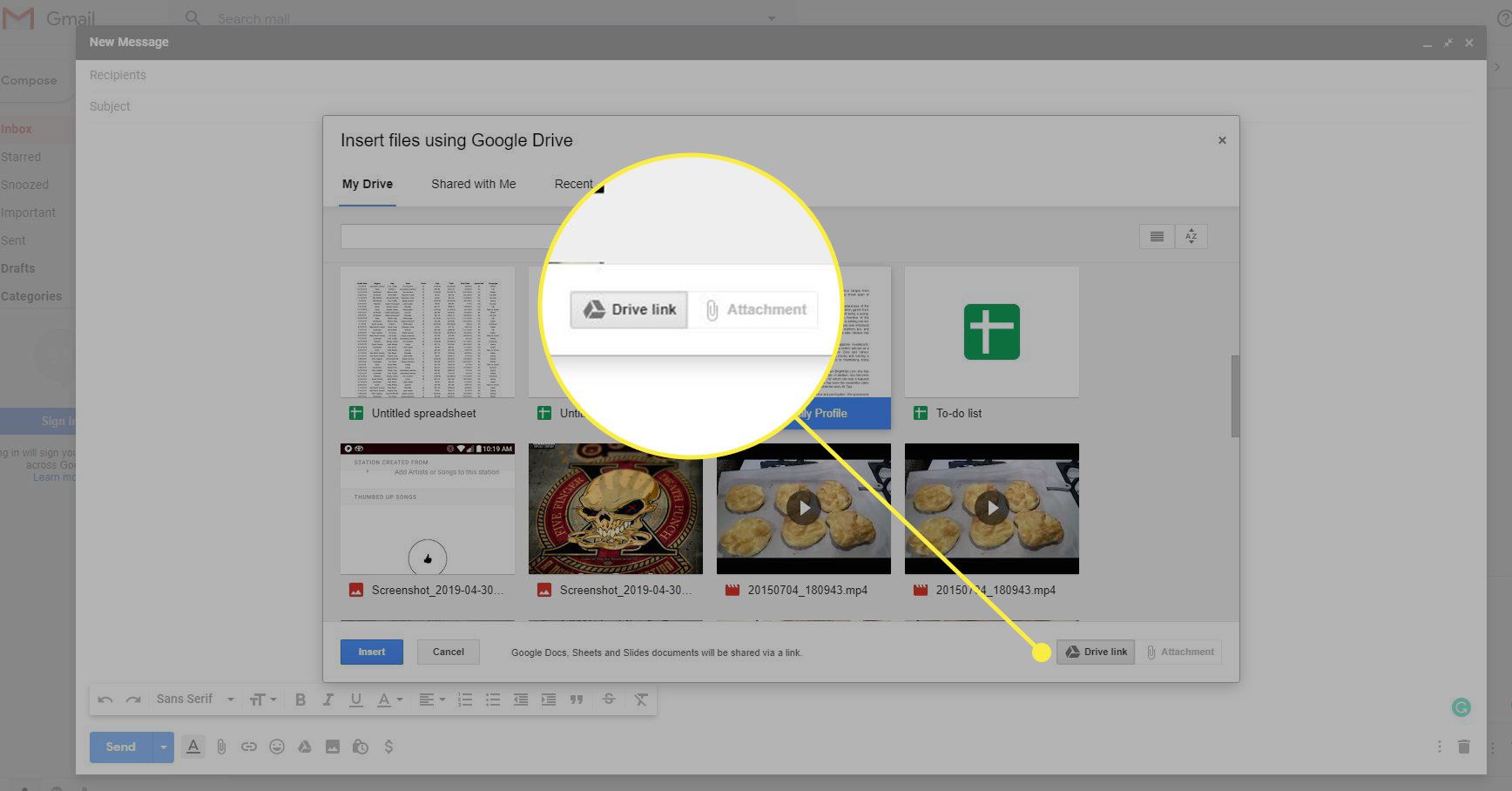 En skärmdump av fönstret "Infoga filer" i Gmail med knapparna "Drive link" och "Attachment" markerade