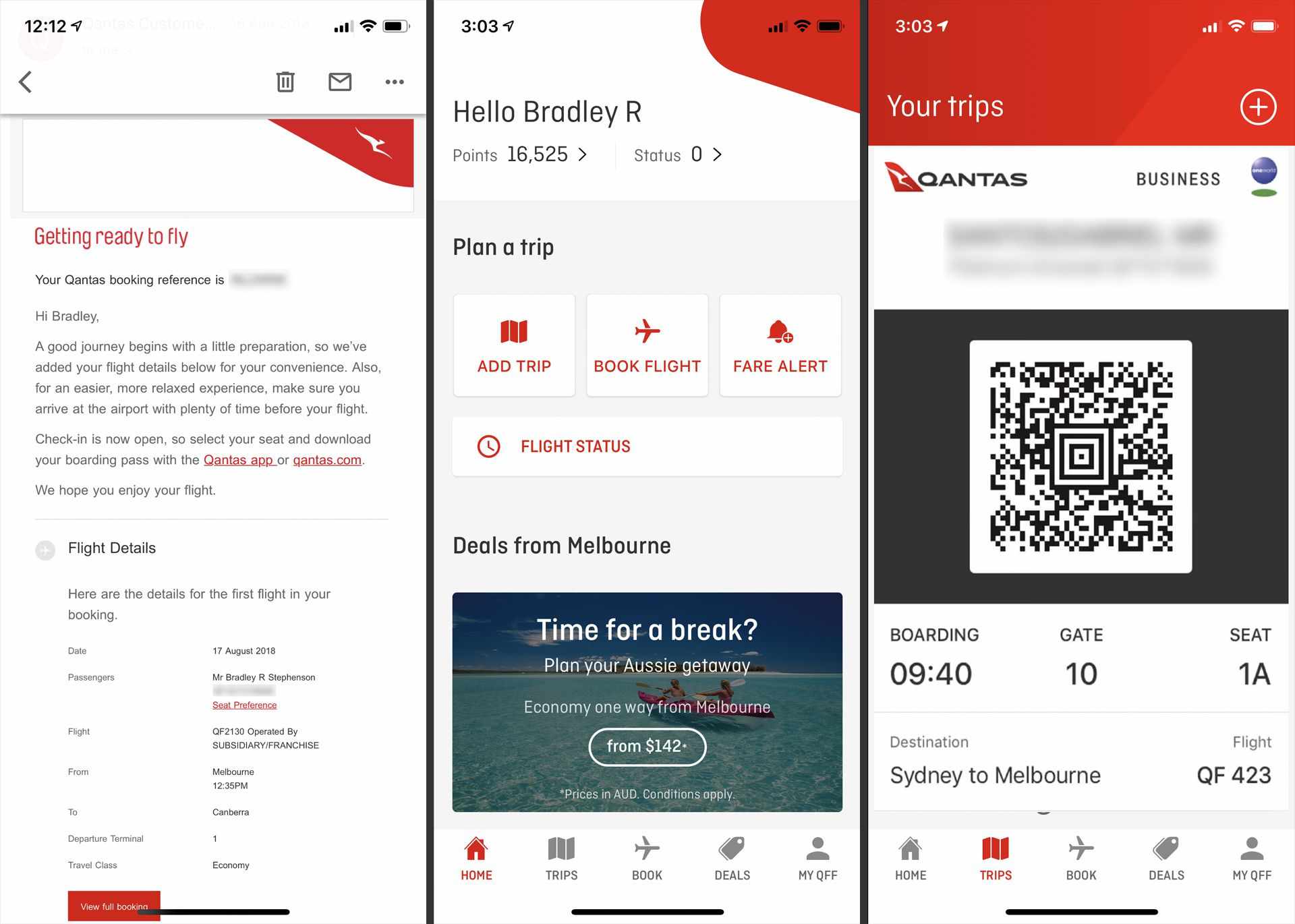 Skärmbilder av ett flygbolagets e-post och ett mobilt boardingkort i Qantas iPhone-app.