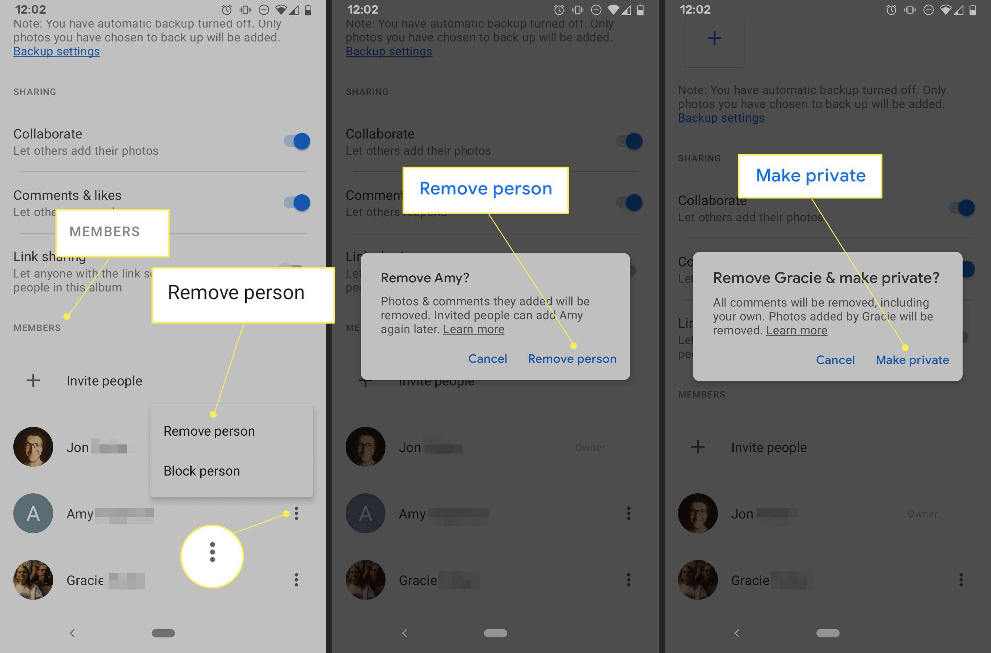 Ta bort personen och skapa privata knappar i Google Photos-appen för Android