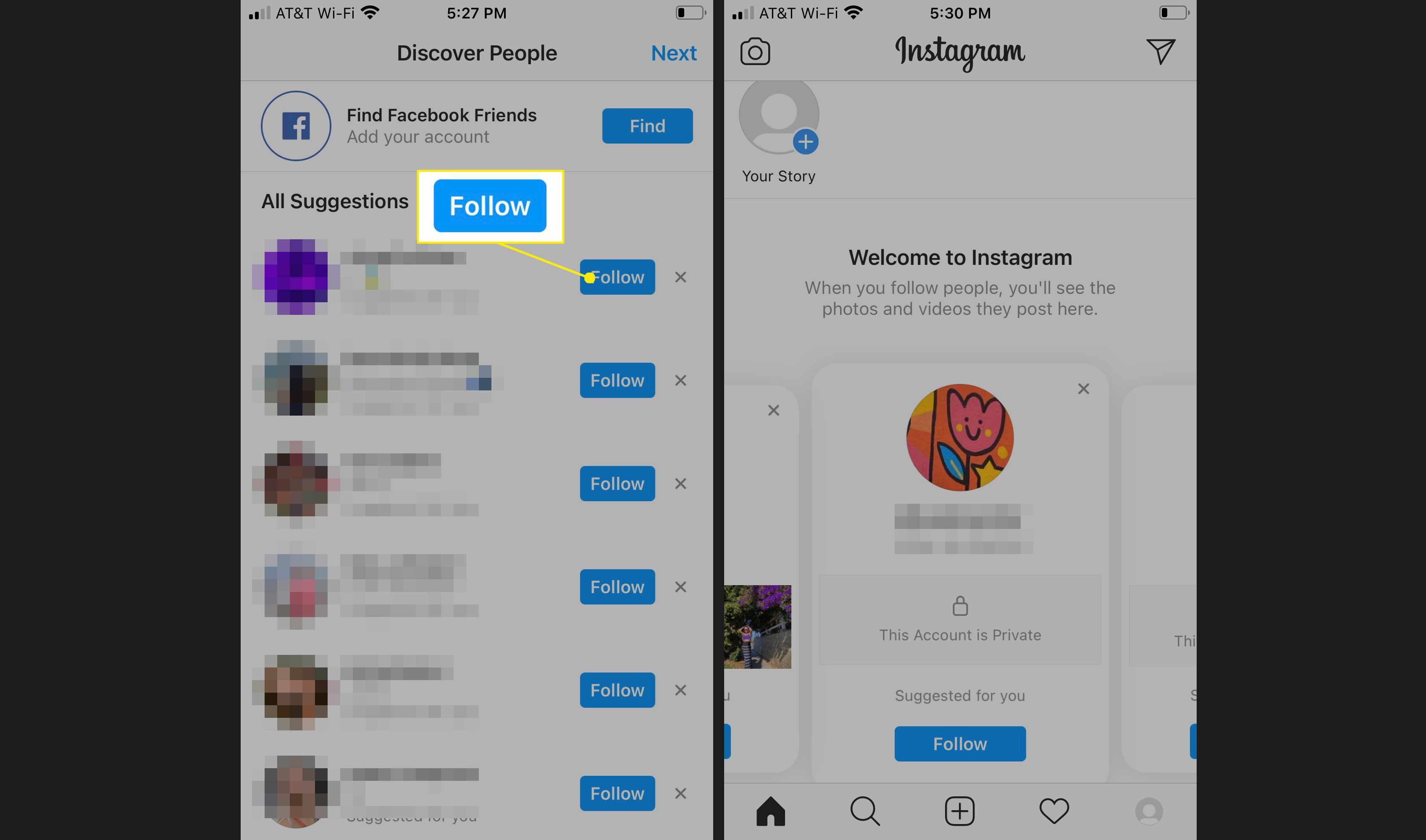 Lägg till följare på ditt Instagram-konto som en del av processen för skapande av konto