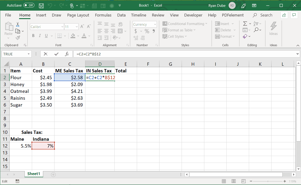 Skärmdump för att fylla en rad med en absolut referens i Excel