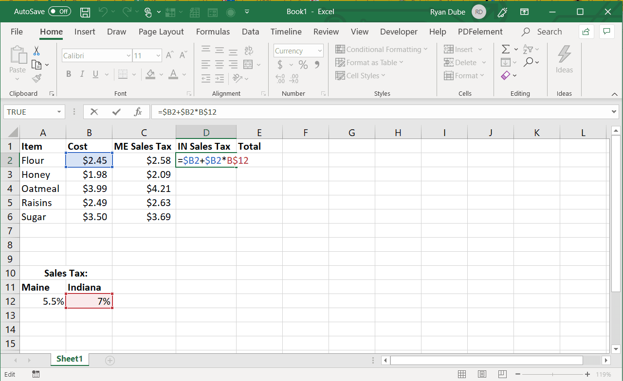 Skärmdump för att fylla Excel till höger med en absolut kolumn