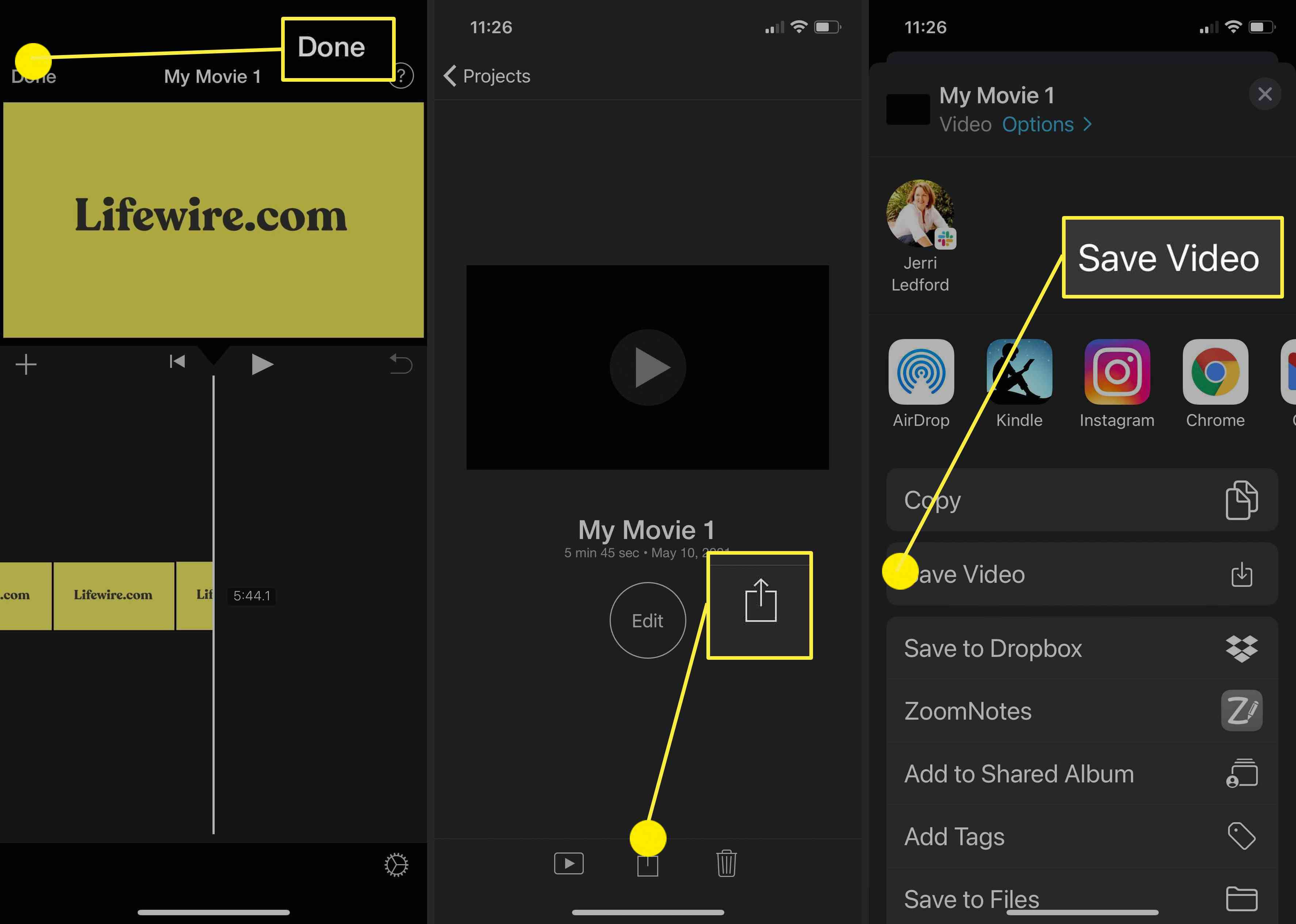 Skärmdumpar som visar hur man sparar en MP4-fil från iMovie till Photos-appen på iPhone.
