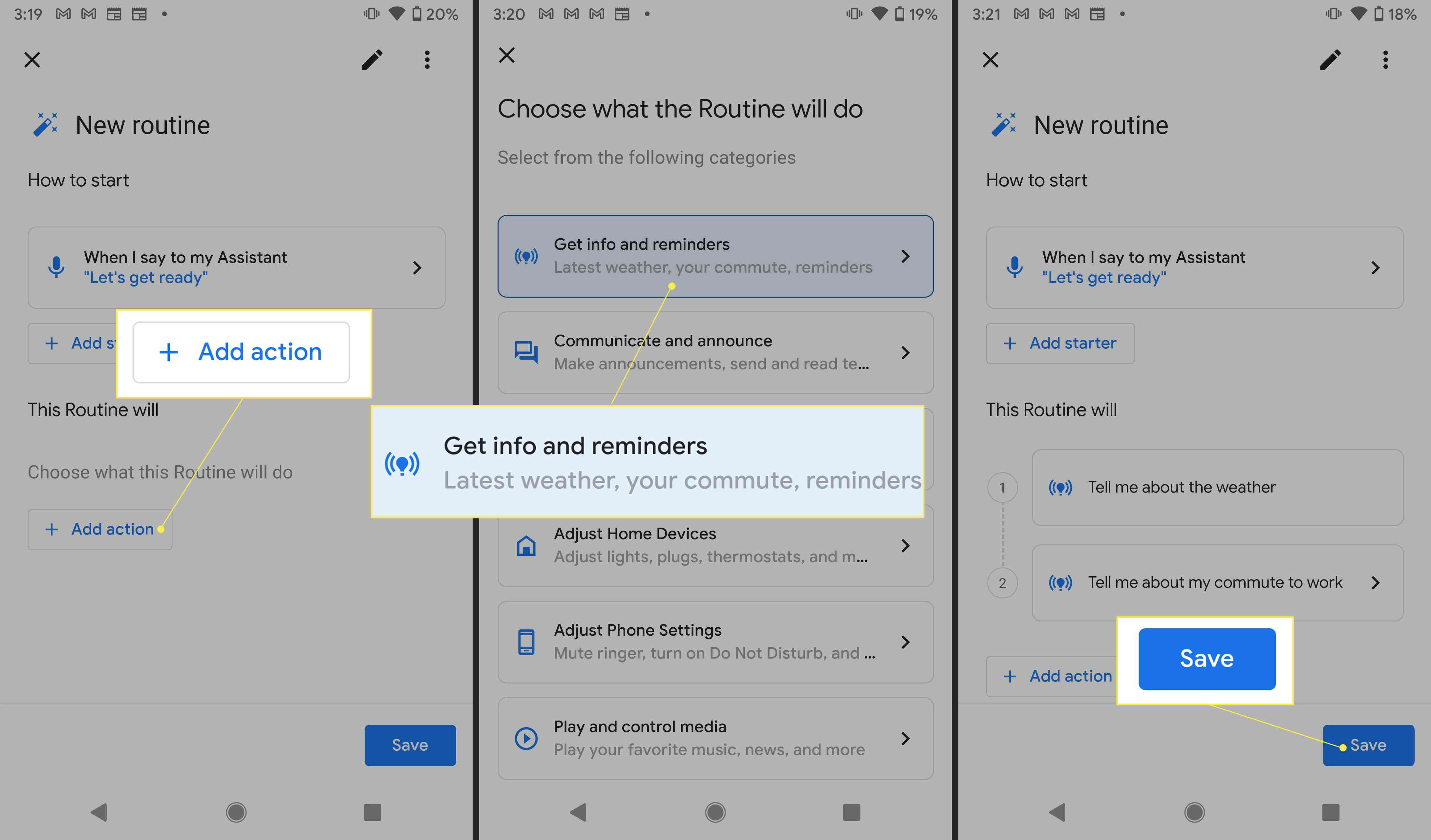 Rutininställningar för Google Assistant med "Lägg till åtgärd", "Få information och påminnelser" och "Spara" markerade