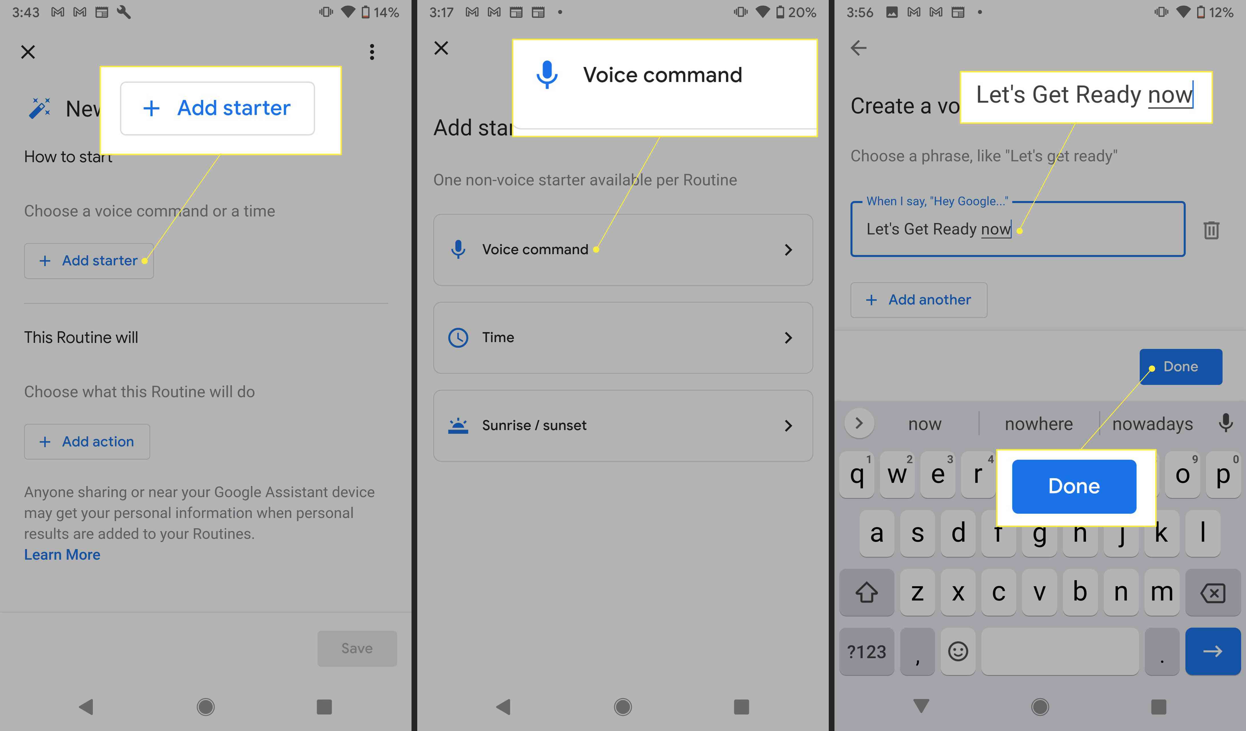 Google Assistent-inställningar med "Lägg till förrätt," "Röstkommando," och "Låt oss bli klara" markerad"