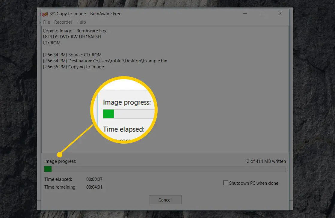 Bildförbränningsprocess i BurnAware Free för Windows 10