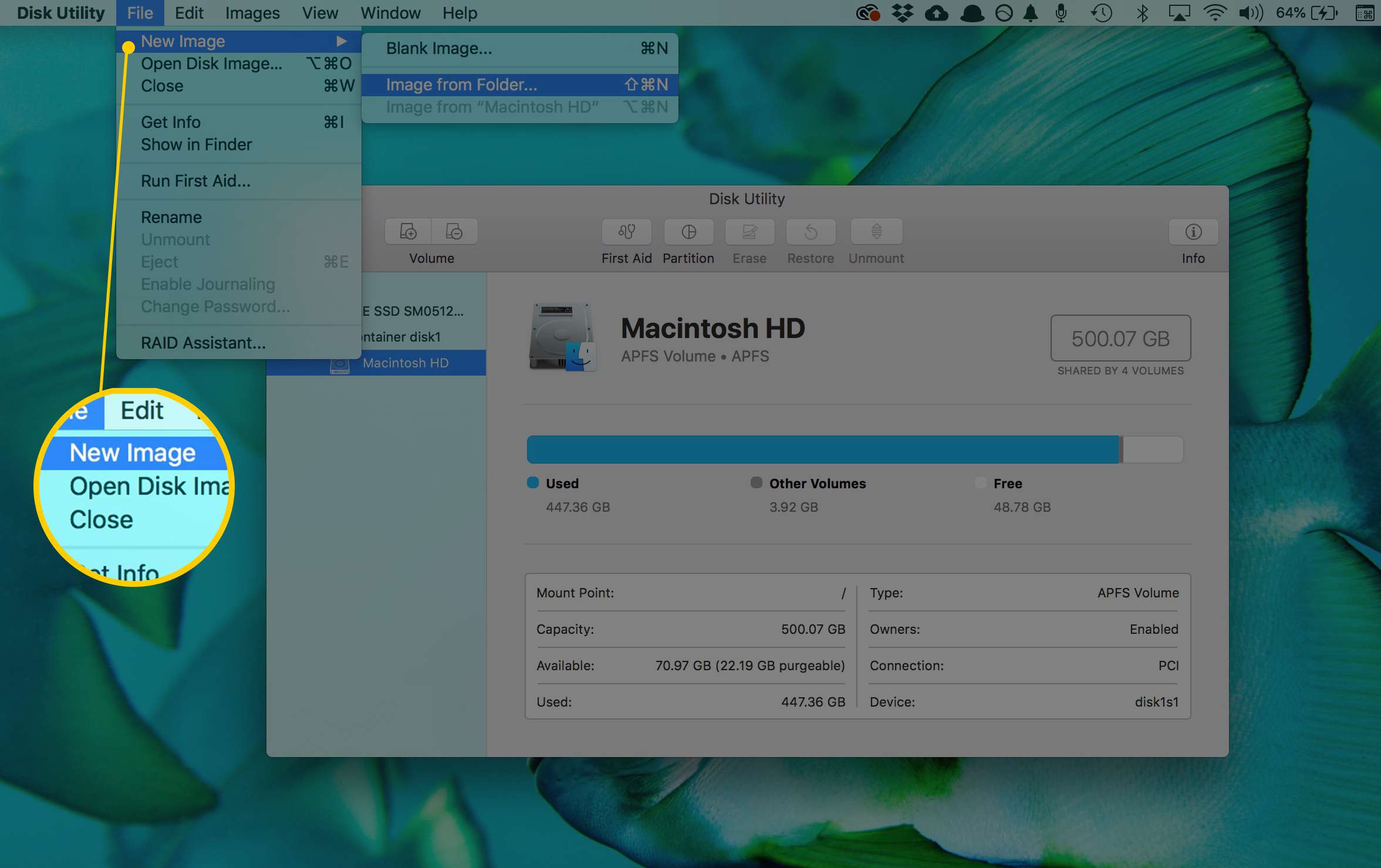 Skärmdump av menyalternativet Ny bild i appen Diskverktyg i macOS
