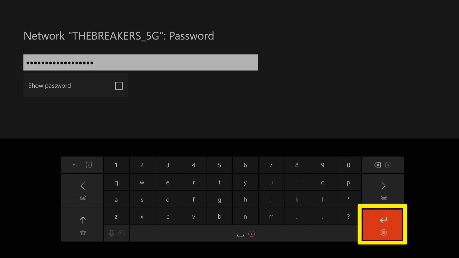 Xbox One lösenordsskärm för trådlöst nätverk