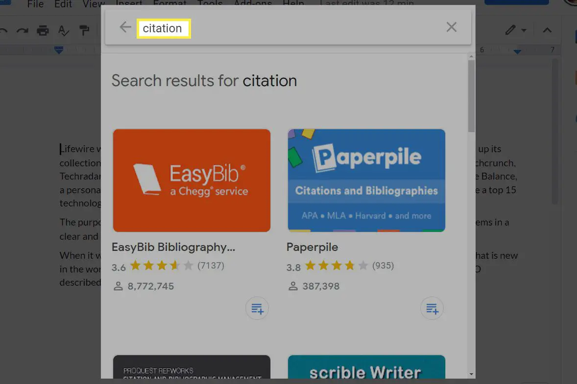 Citationstillägg i Google Docs.