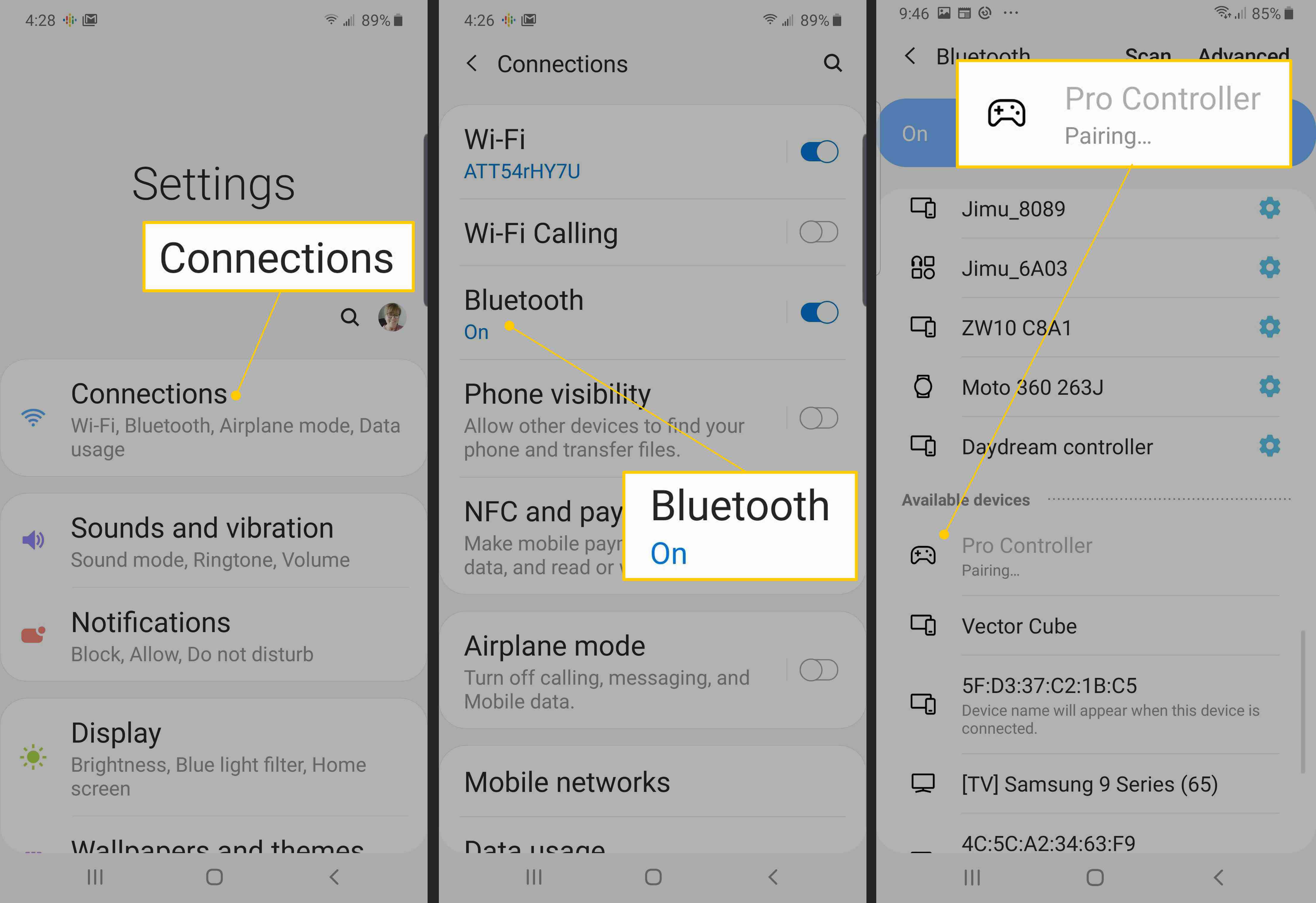 Anslutningar, Bluetooth, Pro Controller-parning i Android-inställningar