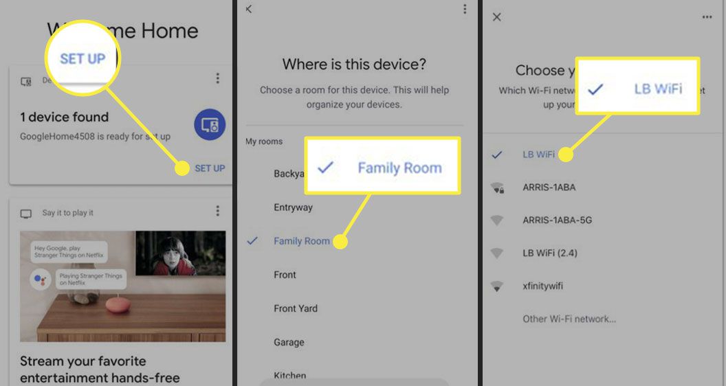 Google Home-appen för iPhone med Set Up-knappen och en plats och ett Wi-Fi-nätverk markerat