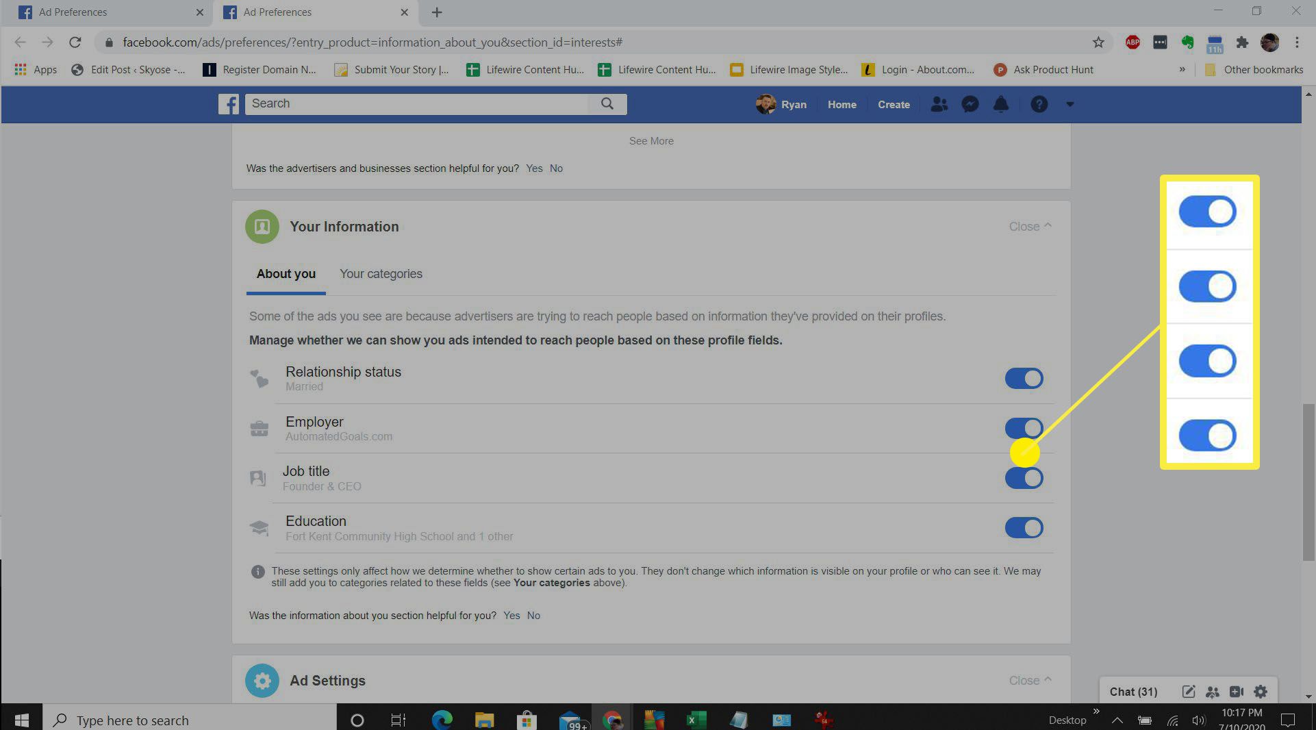 Skärmdump för att välja bort Facebook-annonser.