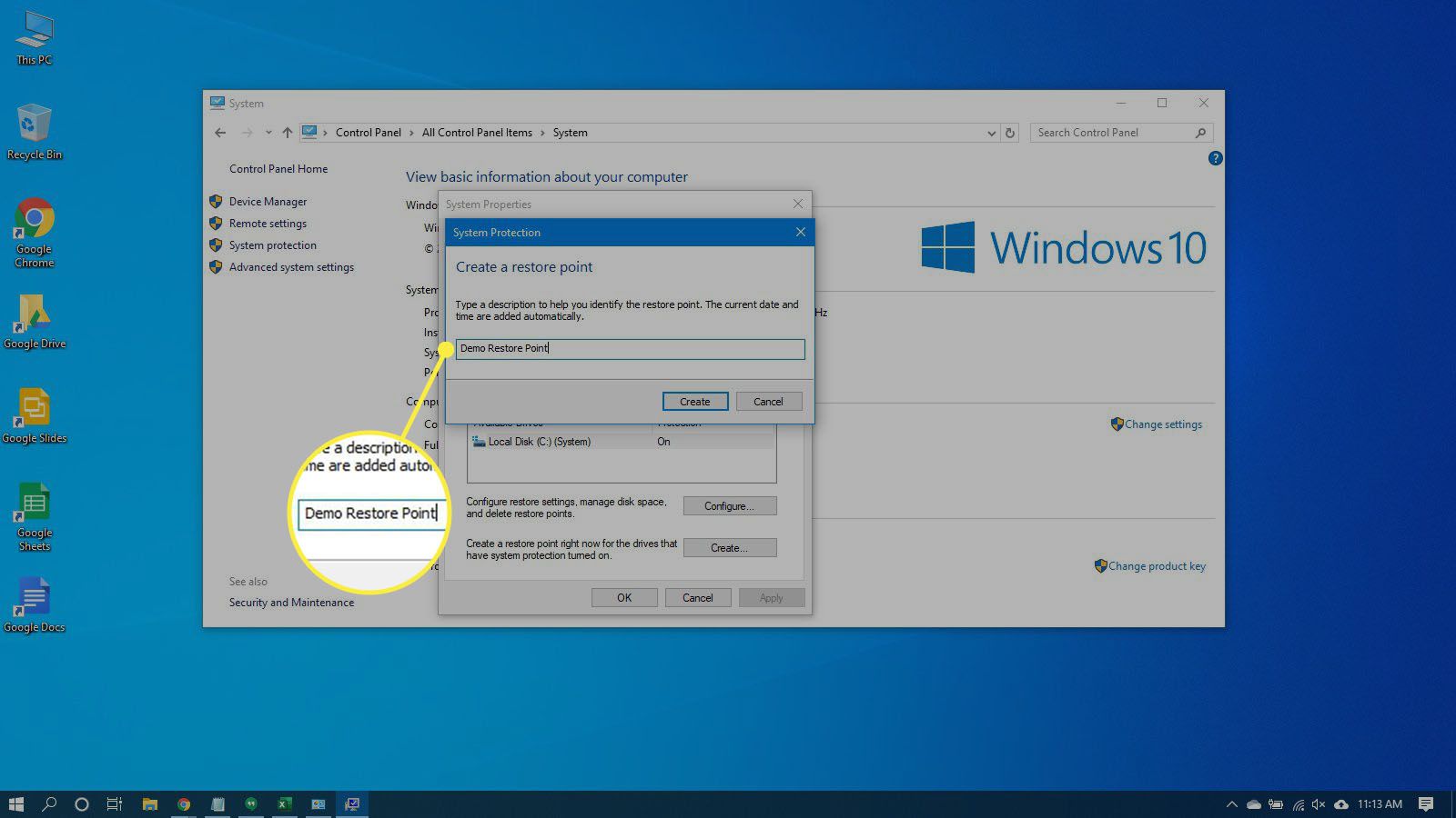 Namnge återställningspunkten i Windows 10.