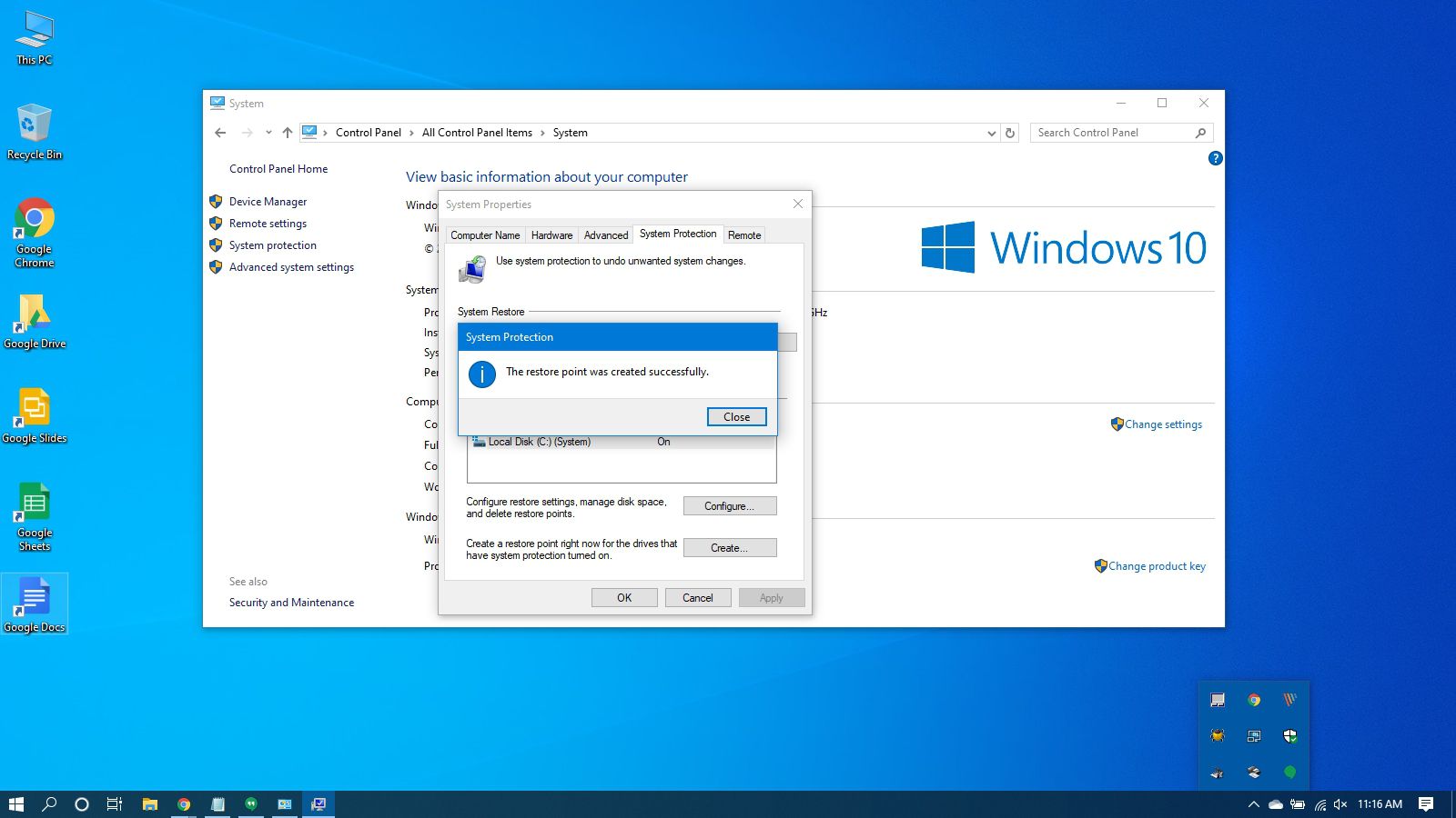 Bekräftelse av en lyckad återställningspunkt i Windows 10.