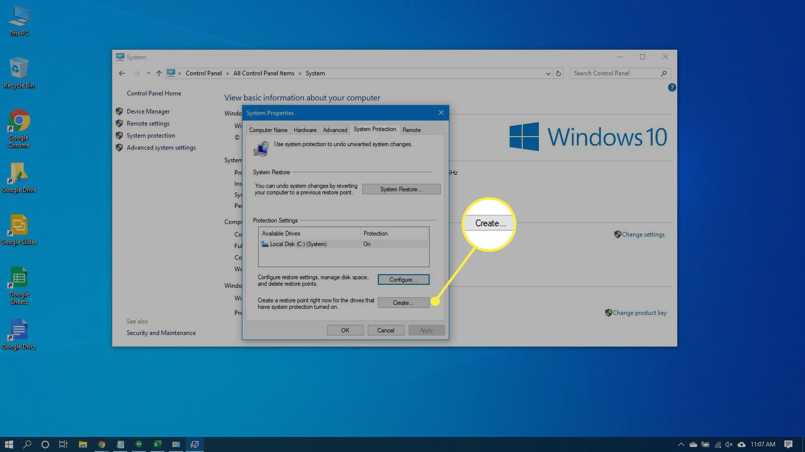 Konfigurera en återställningspunkt i Windows 10.