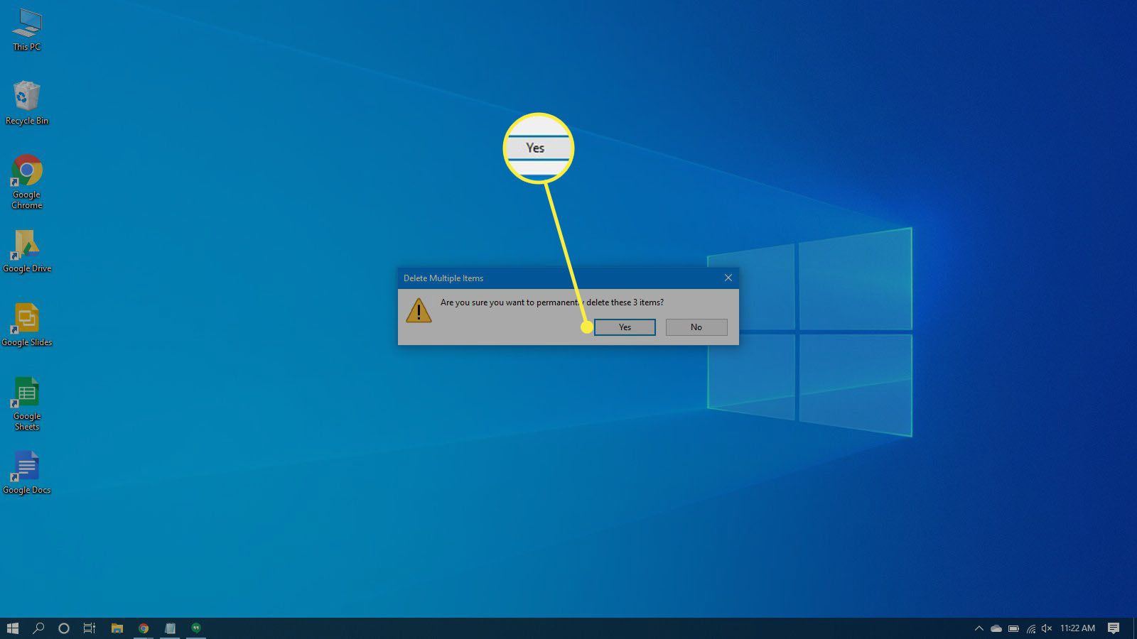 Bekräfta borttagning av filer i papperskorgen i Windows 10.