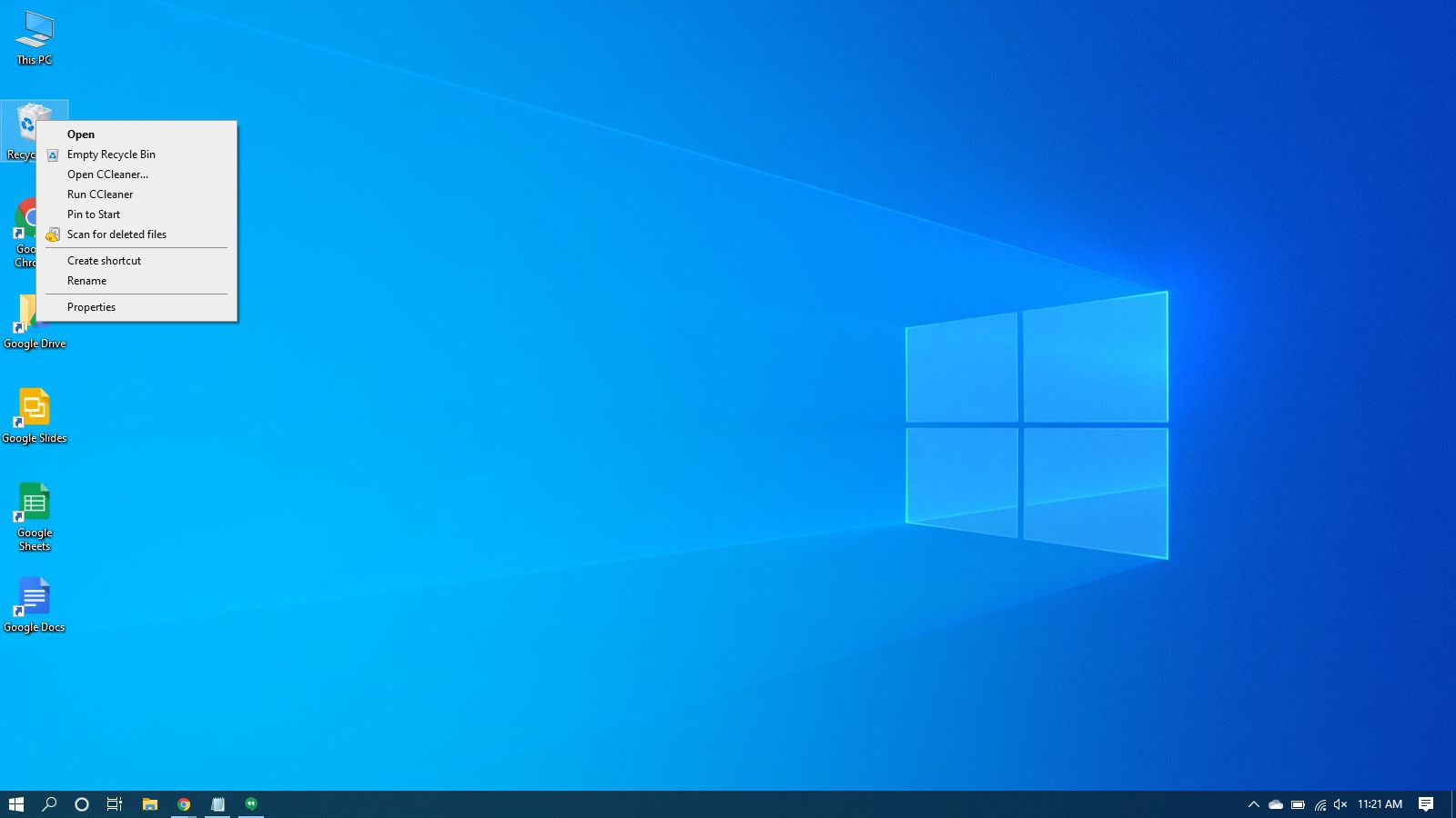 Högerklicka på snabbmenyn i papperskorgen i Windows 10.