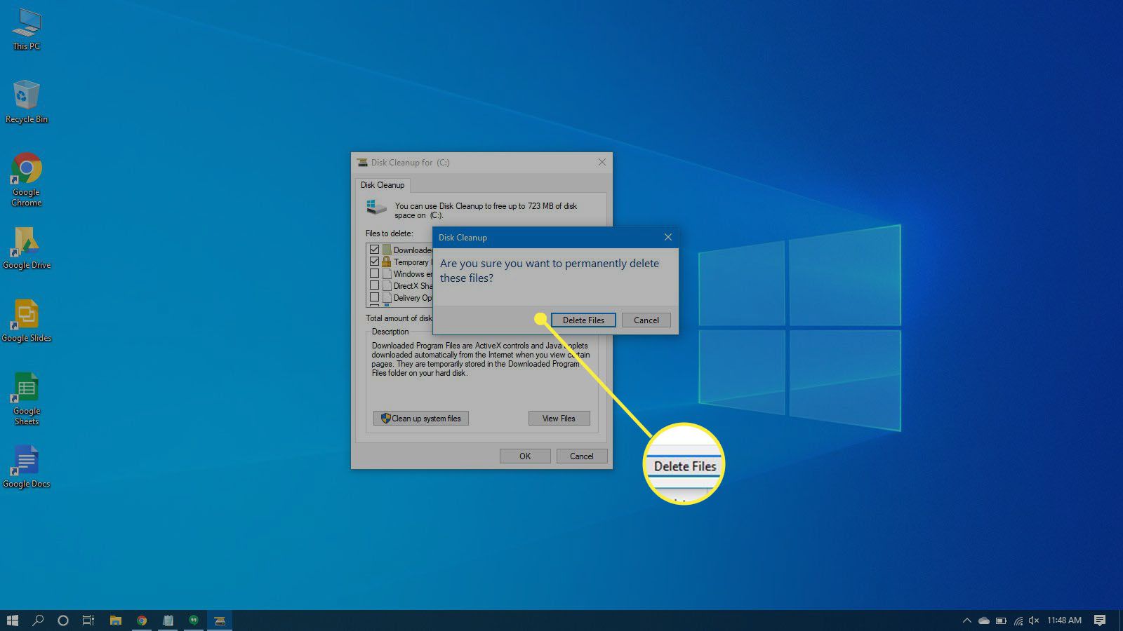 Bekräftar borttagning av temporära filer i Windows 10.