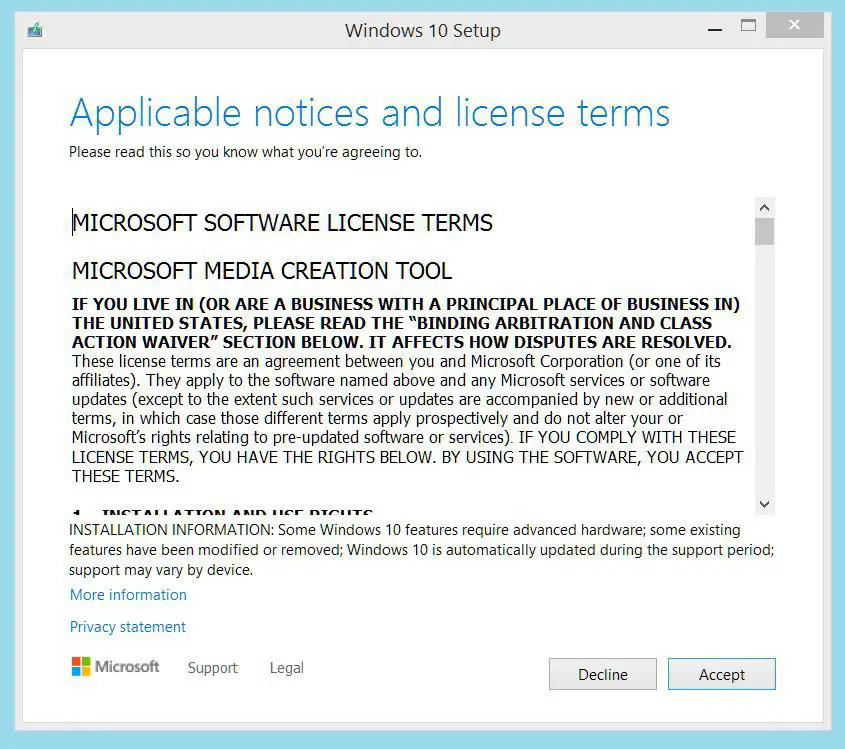 uppdatera Windows 8.1 till Windows 10 verktygslicensvillkor