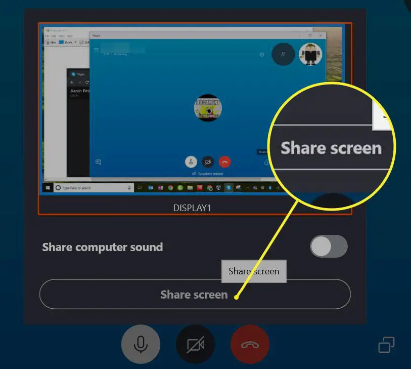 Skypes förhandsgranskningsskärm med delad knapp markerad