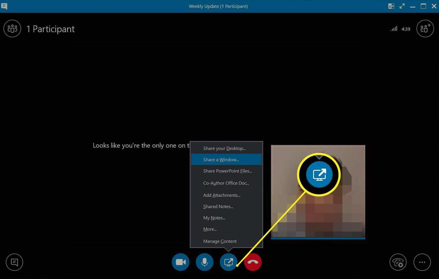 Skype med ikonen Dela innehåll markerad