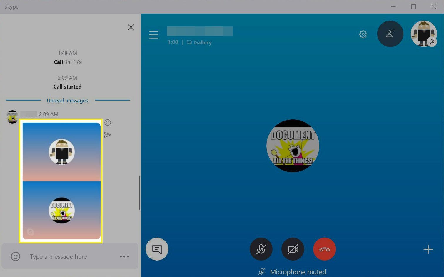 Skype-samtal med en skärmdump markerad