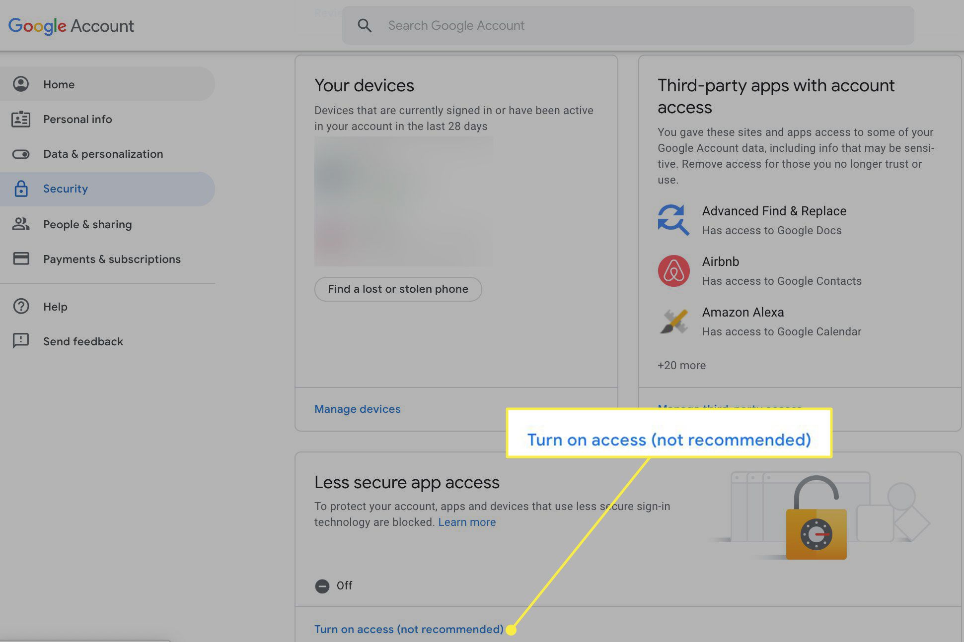 En skärmdump av Googles säkerhetssida med "Aktivera åtkomst" kommandot markerat