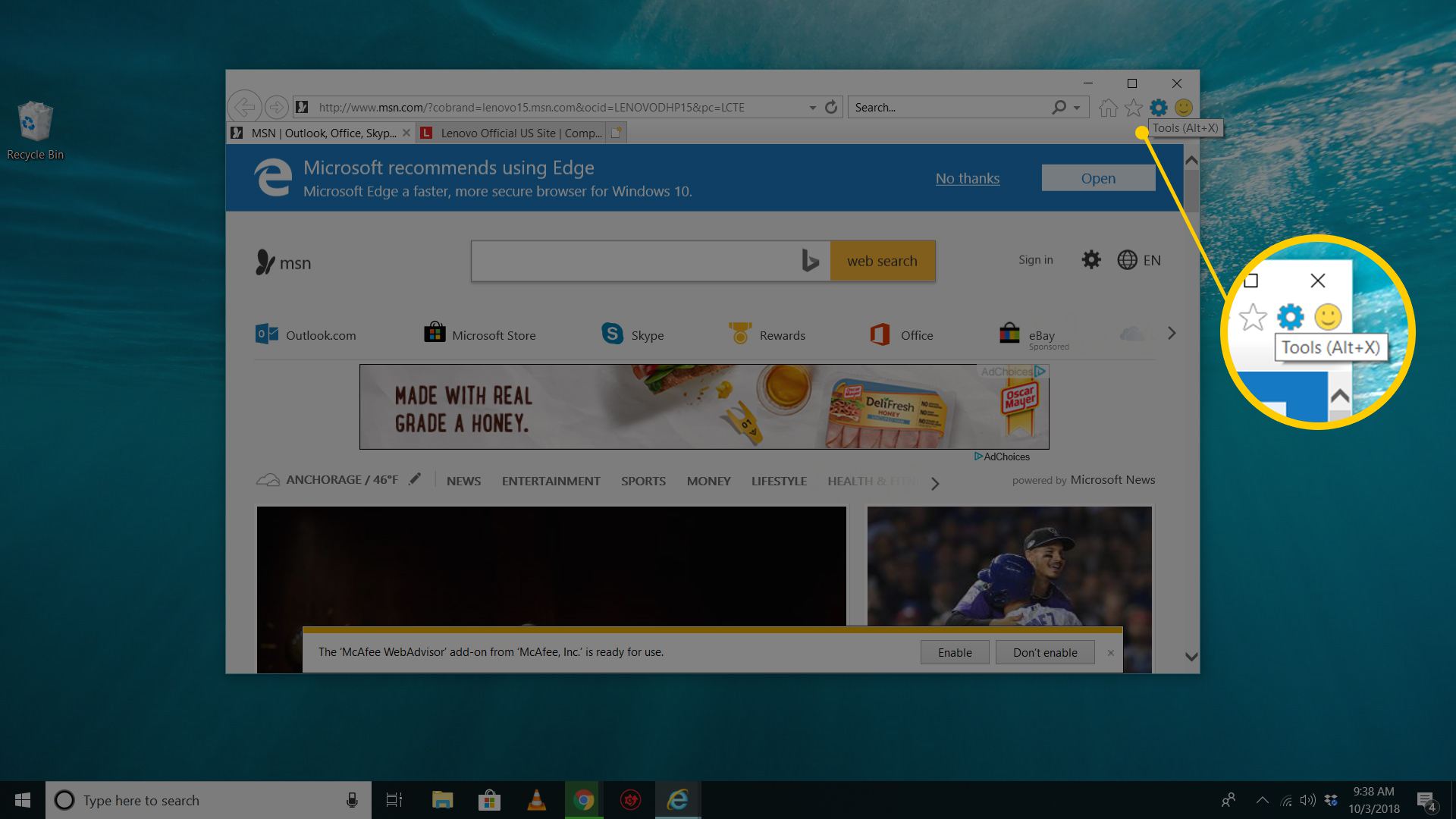 Verktyg / kugghjulsikon i Internet Explorer Windows 10