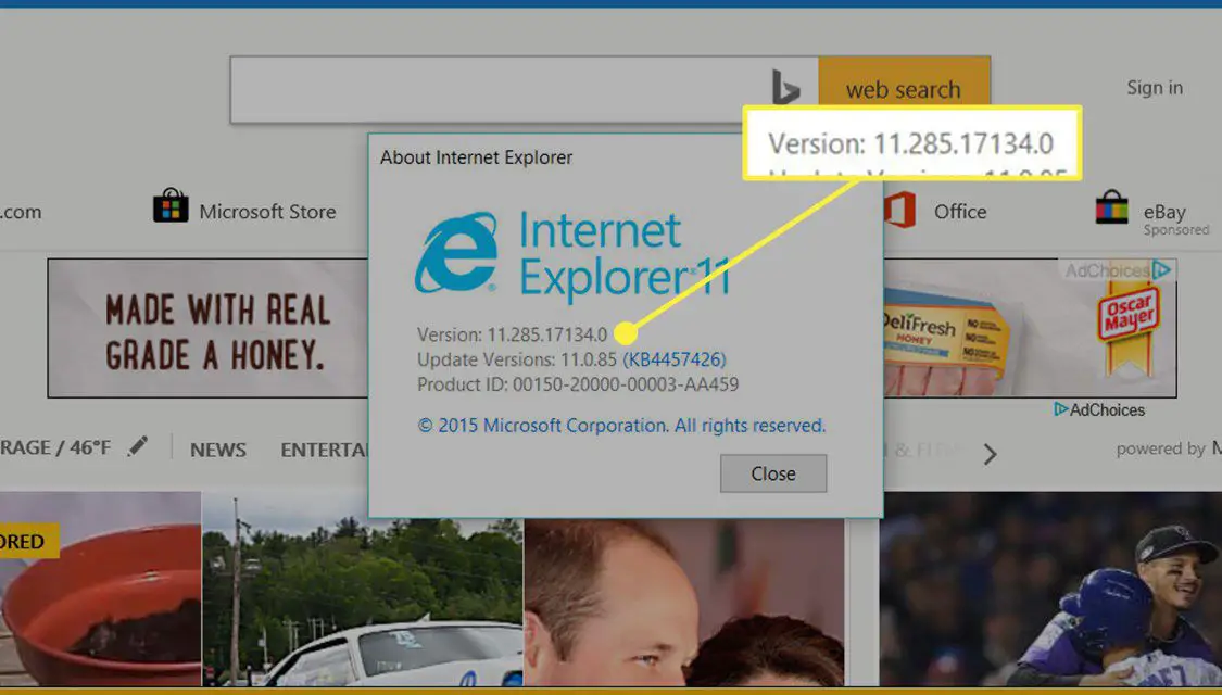 En skärmdump av Internet Explorer "om" -skärmen med versionsnumret markerat