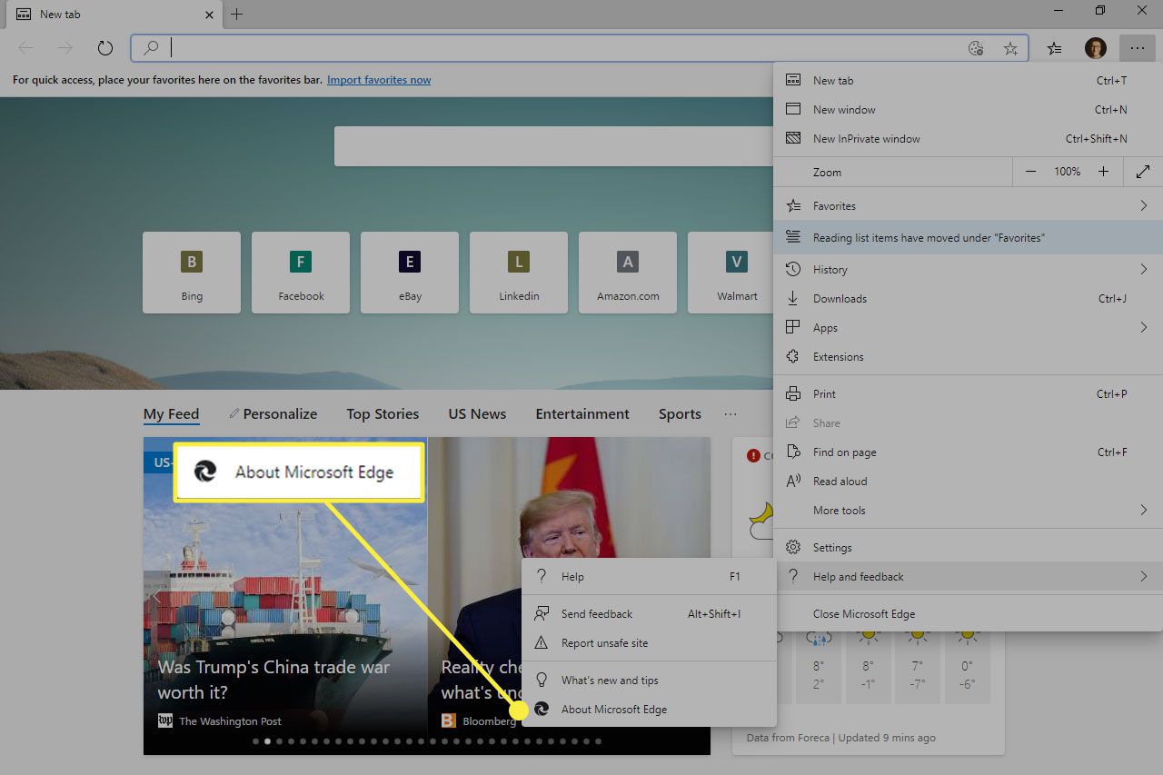 En skärmdump av Microsoft Edge med objektet "Om Microsoft Edge" markerat