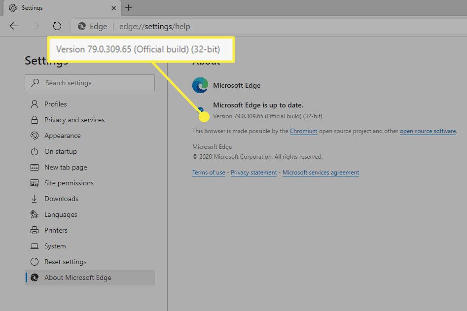 En skärmdump av Om Microsoft Edge-skärmen med versionsnumret markerat