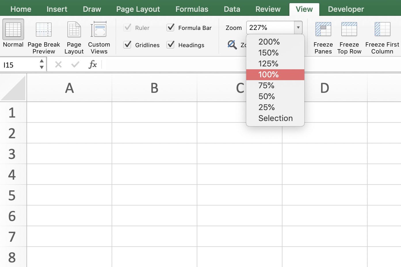 Skärmdump av Excel som visar zoomalternativ på menyfliksområdet