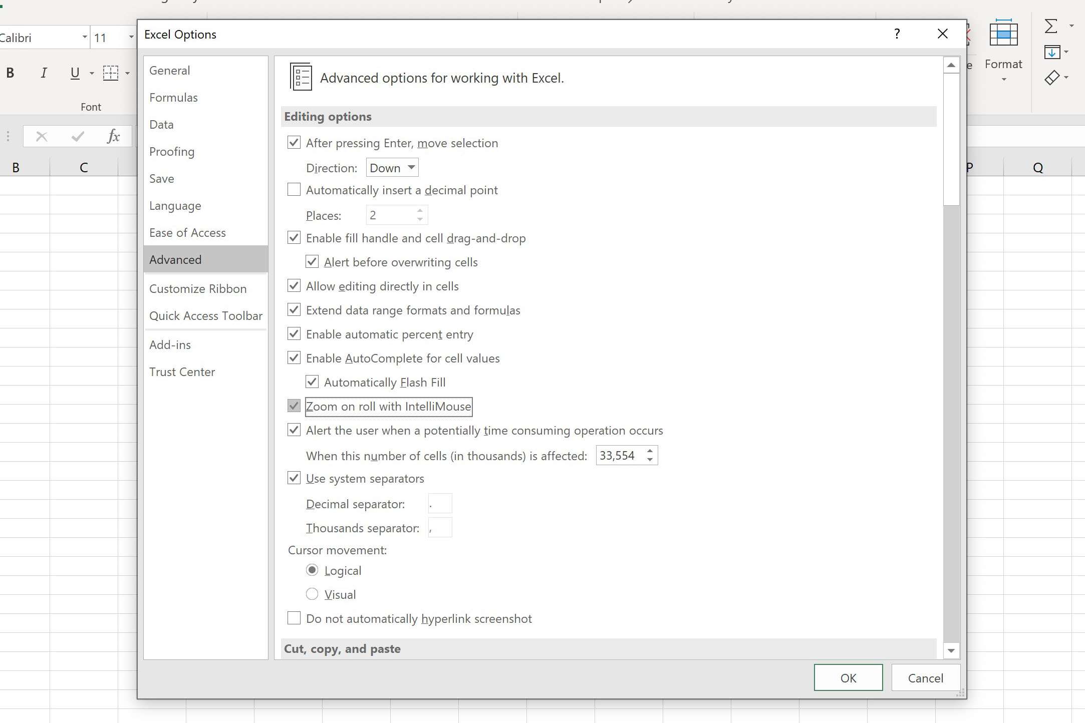 Skärmdump av Excel som visar IntelliMouse-alternativet