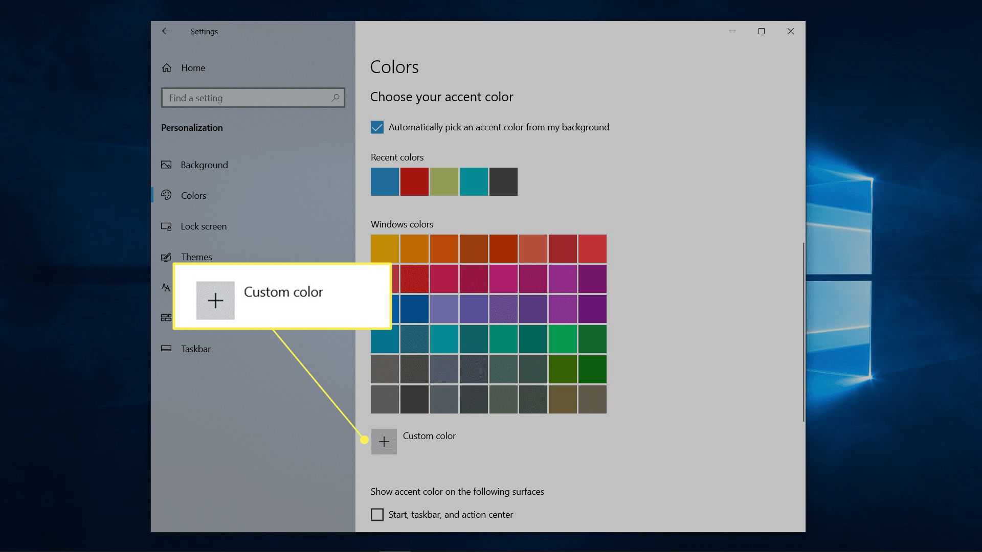 Anpassad färg markerad i Windows färginställningar.