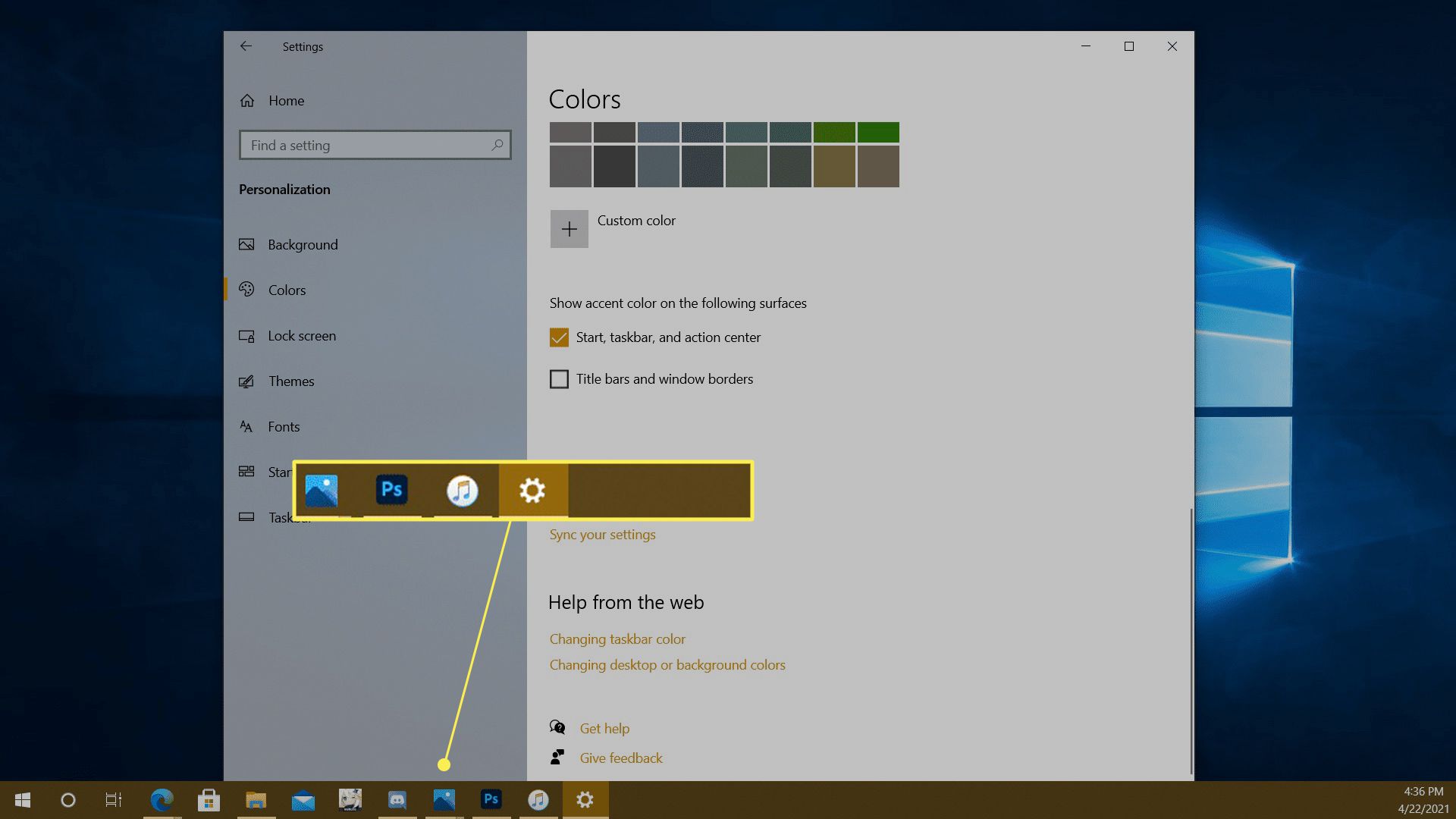 En aktivitetsfält i Windows med en anpassad färg.