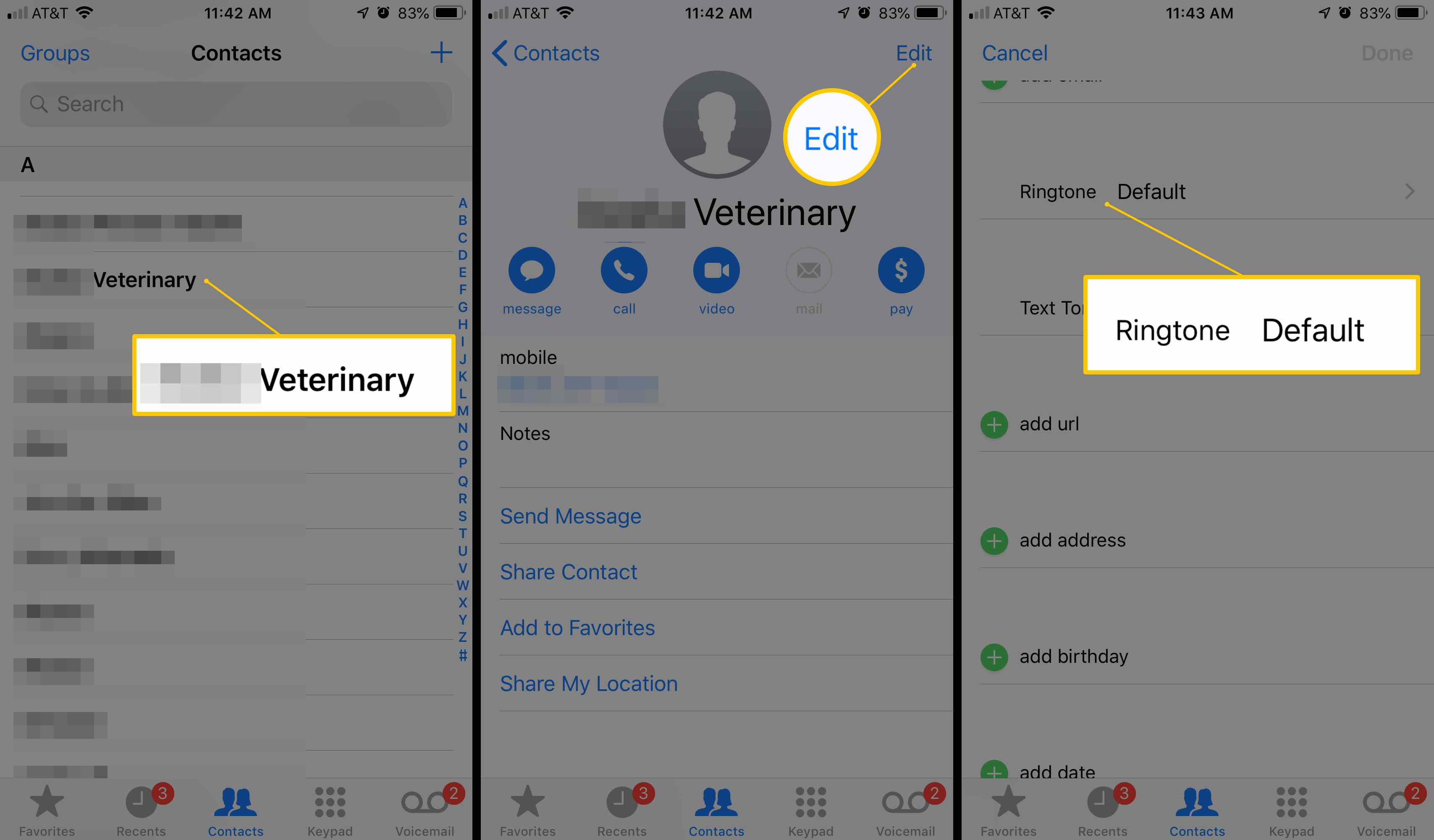Tre iOS-skärmar som visar Kontakter, knappen Redigera och ringsignalområdet i appen Telefoninställningar