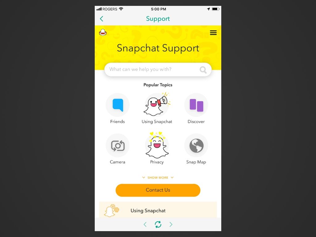 En skärmdump av Snapchat-appen för iOS.