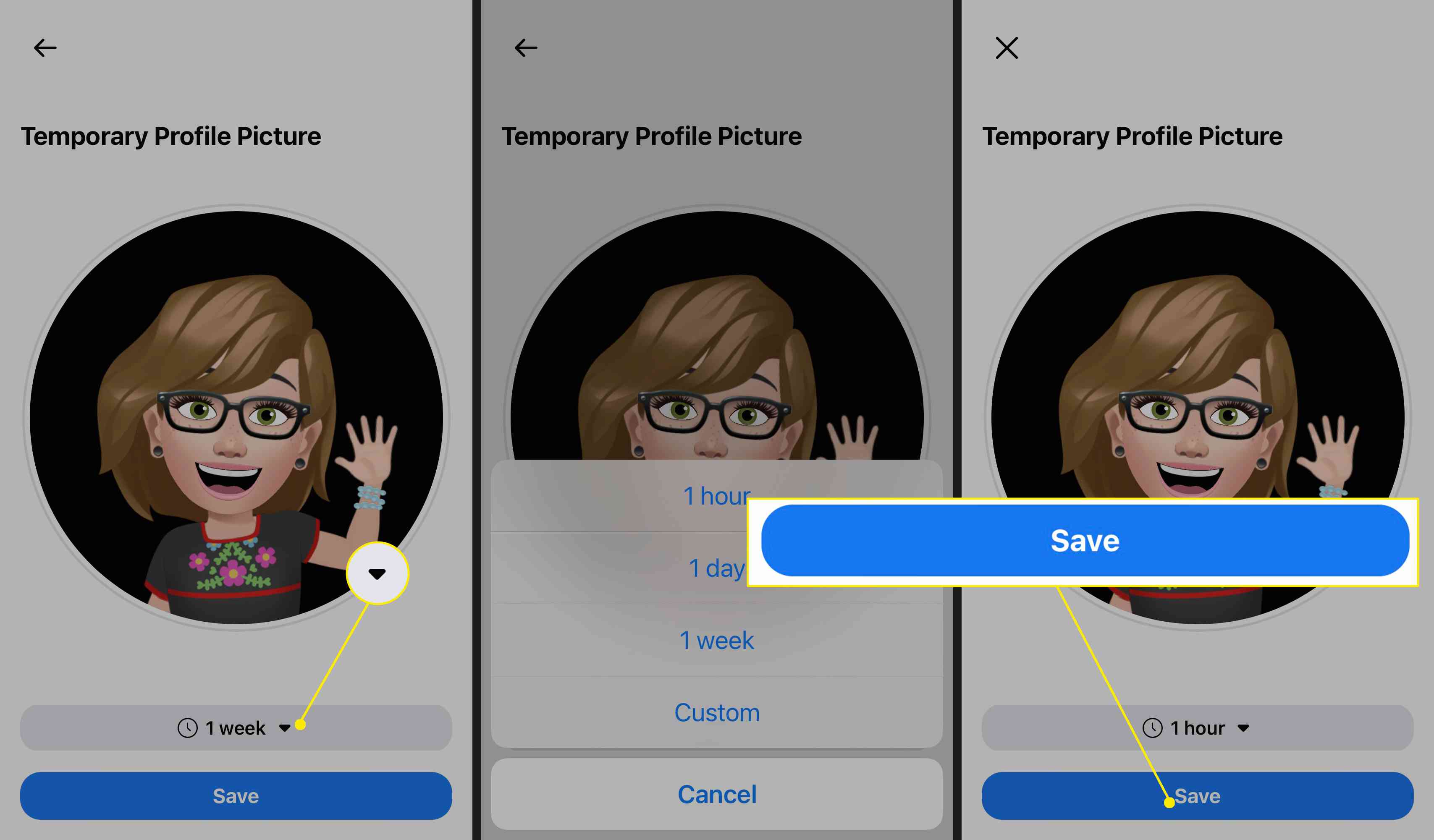 Välj nedåtpilen för att välja en tidsperiod för att behålla din avatar som din profilbild och tryck sedan på Spara.