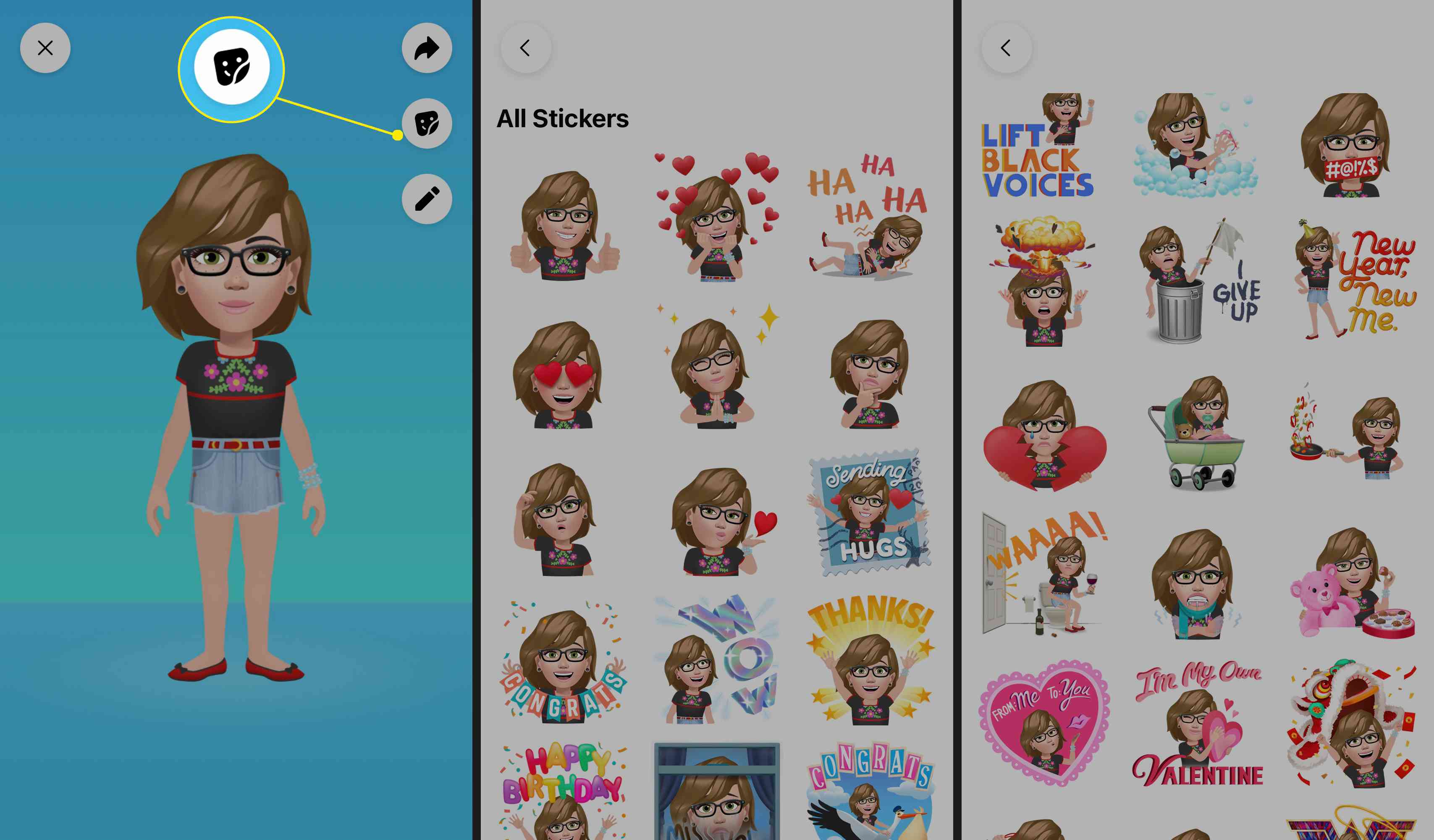Gå till din avatarsida och tryck på ikonen Klistermärken.  Bläddra igenom för att se alla tillgängliga klistermärken. 