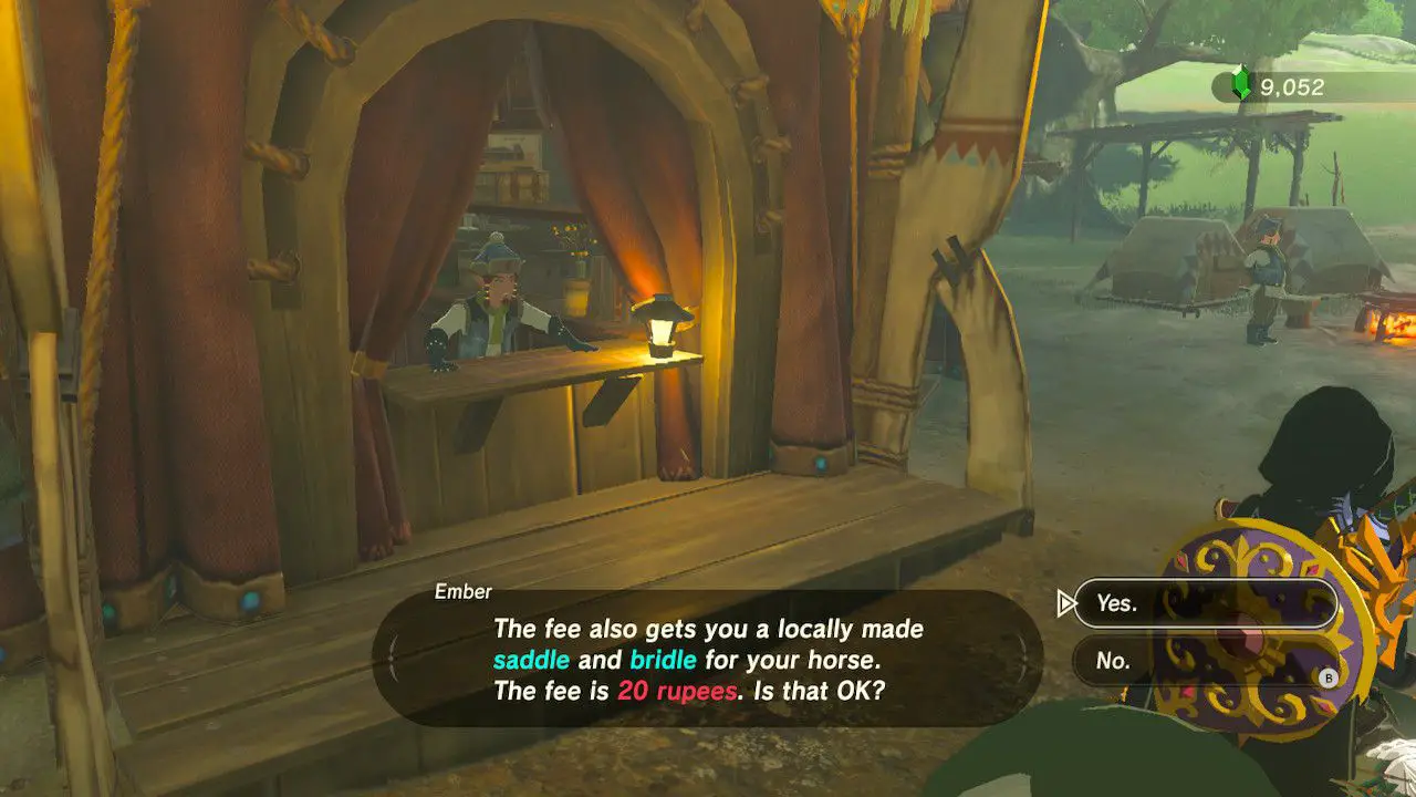 Betala 20 rupier för att registrera häst i Zelda: Breath of the Wild.