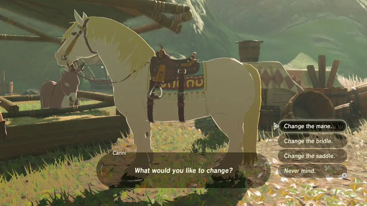 Byta hästman, träns och sadel i Zelda: Breath of the Wild.