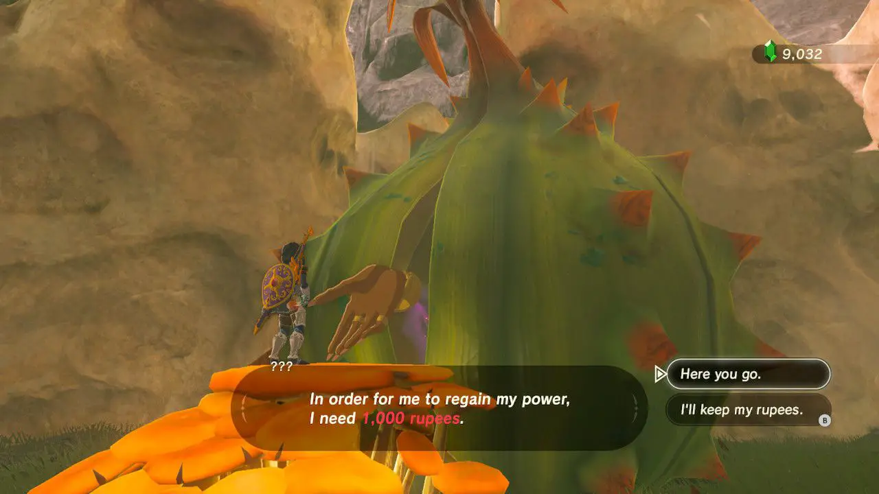 Betala 1000 rupier till hästgudfeen i Zelda: Breath of the Wild.
