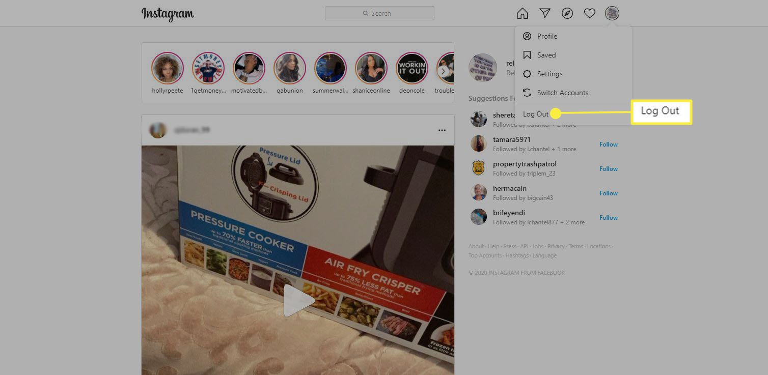 Instagram - Logga ut i rullgardinsmenyn